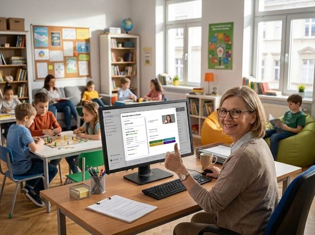 Nauczycielka świetlicy przy komputerze z panelem e-Świetlicy, w tle dzieci bawiące się w sali