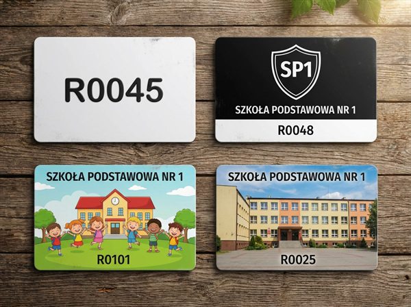 Cztery karty zbliżeniowe e-Świetlicy: karta z samym numerem, karta z czarnym nadrukiem i herbem szkoły oraz dwie karty z nadrukiem kolorowym