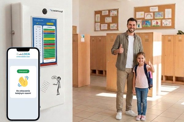 Krok 5 — rodzic z odebranym dzieckiem przy wyjściu ze szkoły, na telefonie komunikat „Do zobaczenia kolejnym razem”