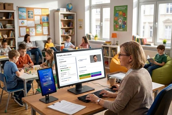 Nauczycielka świetlicy przy komputerze — na ekranie dane dziecka, dane osoby odbierającej oraz podgląd z kamery przy wejściu