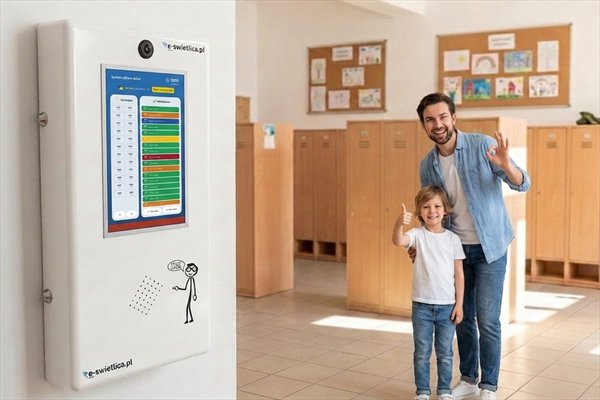 Krok 3 — terminal z listą odebranych dzieci, obok rodzic z odebranym dzieckiem w szatni