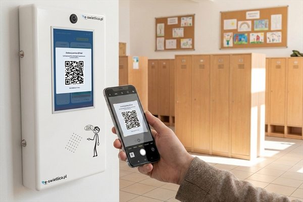 Krok 1 — rodzic celuje aparatem telefonu w kod QR wyświetlony na ekranie terminala przy wejściu do szkoły