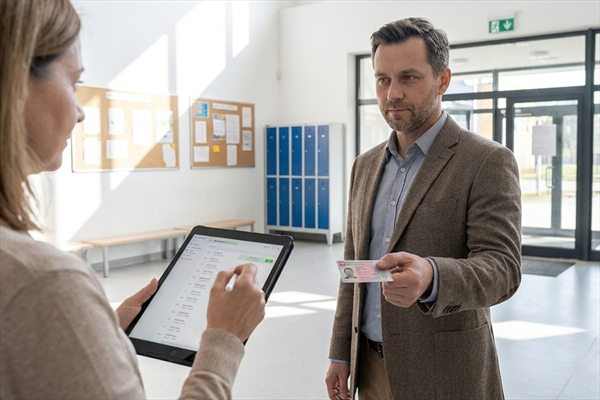 Krok 1 — rodzic zgłasza się do dyżurnej pracownicy szkoły w holu i podaje dokument tożsamości
